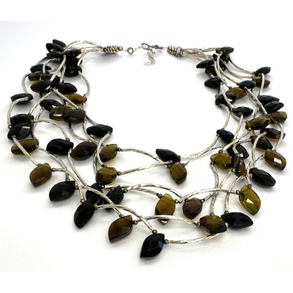 Multi-Strand Beaded Necklace With Black & Brown Beads Adjustable Chain - Picture 2 of 6